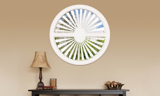 You can cover specialty shaped windows with our Polywood shutters. Circle shaped window in Chicago