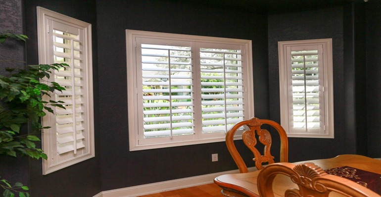 Crisp Polywood Shutters In Dining Room With Dark Paint Crisp Polywood Shutters In Dining Room With Dark Paint