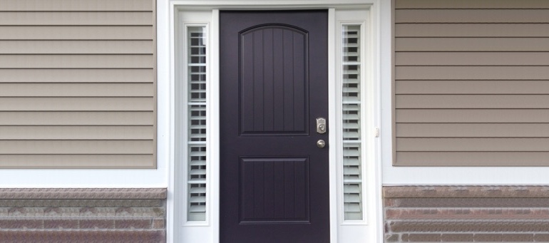 Entry Door Sidelight Shutters In Chicago, IL Sidelight Shutters On Black Door In Chicago, IL